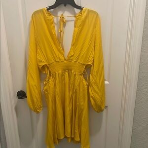 SHEIN Yellow Plunge Neck Bishop Sleeve Cocktail Dress